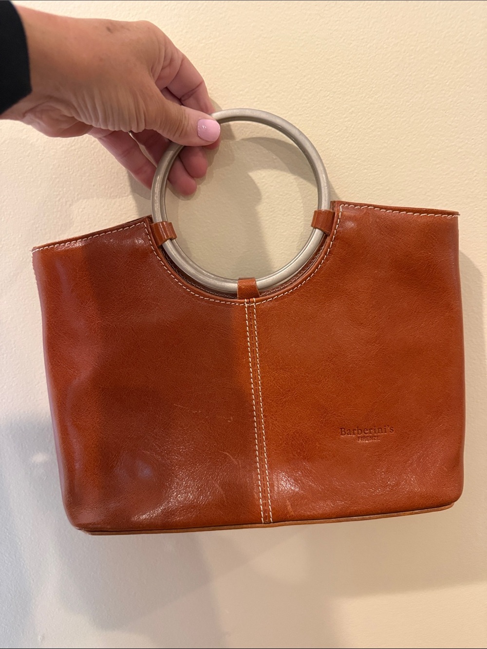 Cognac Leather Mini Ring-Handle Bag
